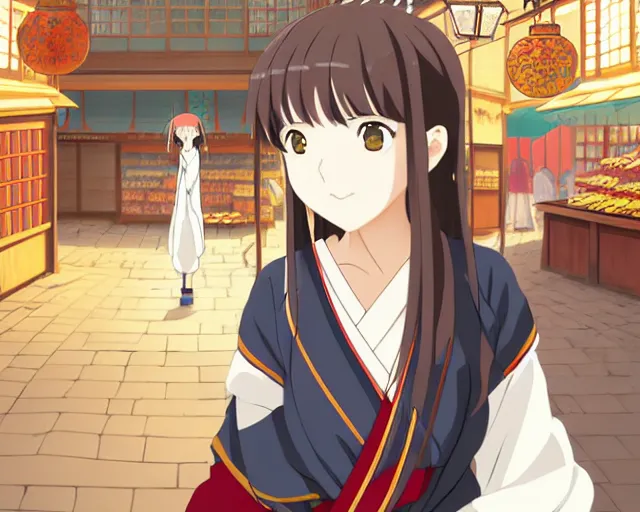 Image similar to anime visual, portrait of a young female traveler in an open medieval market shopping, cute face by katsura masakazu, yoh yoshinari, cinematic luts, cold studio lighting, dynamic pose, dynamic perspective, strong silhouette, anime cels, kyoto animation, cel shaded, rounded eyes