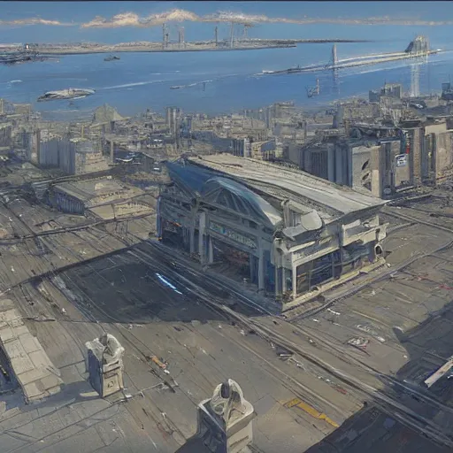 Prompt: concept art, bird's - eye view from san francisco international airport, by james gurney, greg rutkowski, john howe, artstation