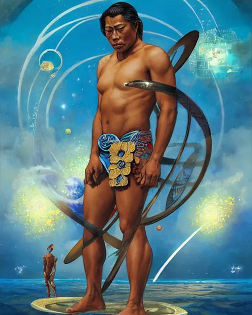 Image similar to duke kahanamoku as a hawaiian warrior surrounded by intergalactic planets connected by streams of multiversal flow, sigma male, gigachad, visually stunning, luxurious, by wlop, james jean, jakub rebelka, tran nguyen, peter mohrbacher, yoann lossel