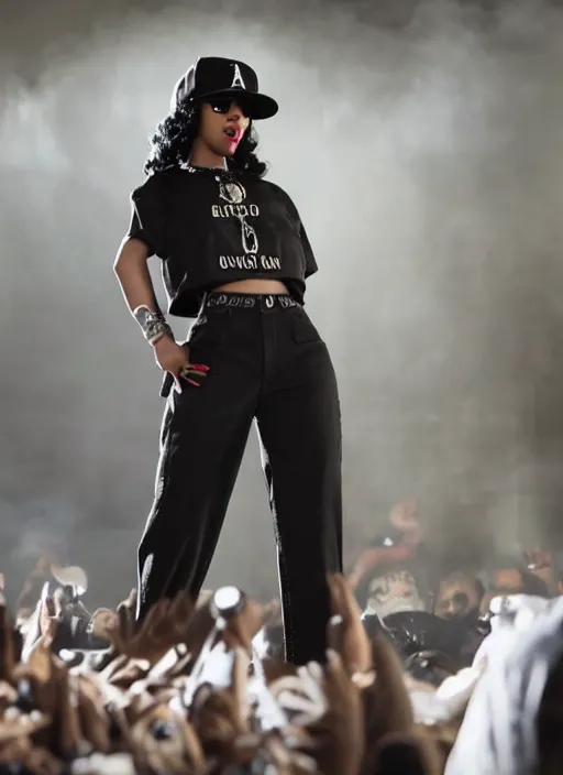 Image similar to film still of cardi b as eazy e in straight outta compton,
