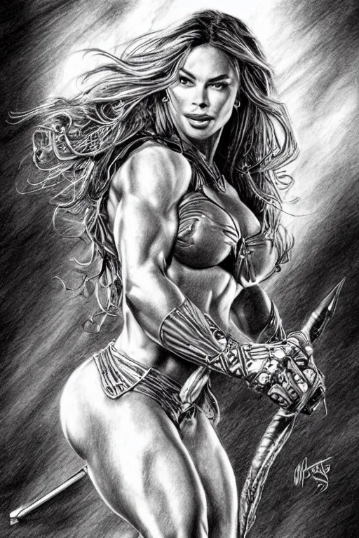 Image similar to a sketch of a muscled Sofía Vergara as a ruggedly handsome heroine, pencil drawing, pencil, drawing, intricate, elegant, highly detailed, centered, smooth, sharp focus, sketch by artgerm and donato giancola and Joseph Christian Leyendecker, Ross Tran, WLOP