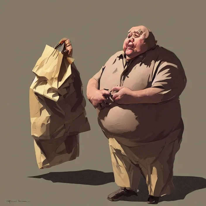 Image similar to melted old fat man portrait with a paper bag over the head, in paper bag clothing, holding a stack of paper bags, highly detailed, artstation, art by ian mcque, ilya kuvshinov, zdislav beksinski, wayne barlowe, edward hopper