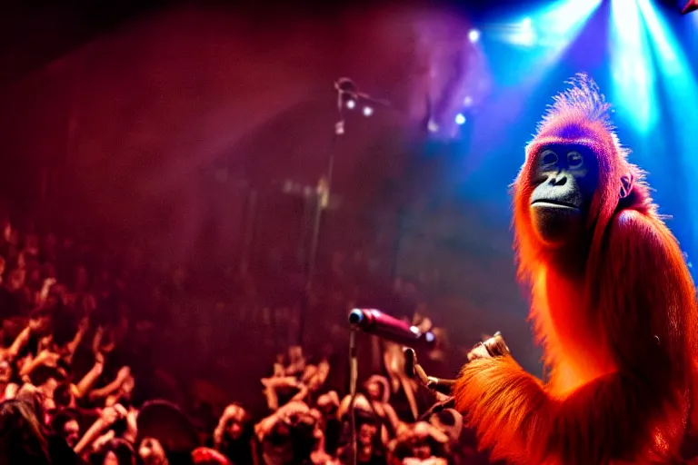 Image similar to vfx film, singing orangutan rockstar onstage band concert, flat color profile low - key lighting award winning photography arri alexa cinematography, big crowd, hyper real photorealistic cinematic beautiful, atmospheric cool colorgrade