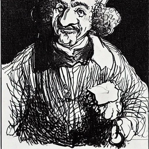 Prompt: caricature of rembrandt by al hirschfeld