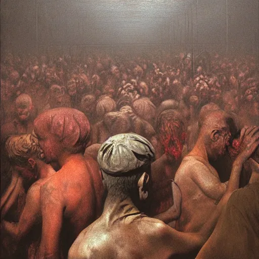 Prompt: photorealist painting of a crowded subway, metro, ratp, wagon, many people, agoraphobia, exhausting, hot summer, sweating, moist, humidity, fog, by beksinski, by francis bacon, by pablo picasso