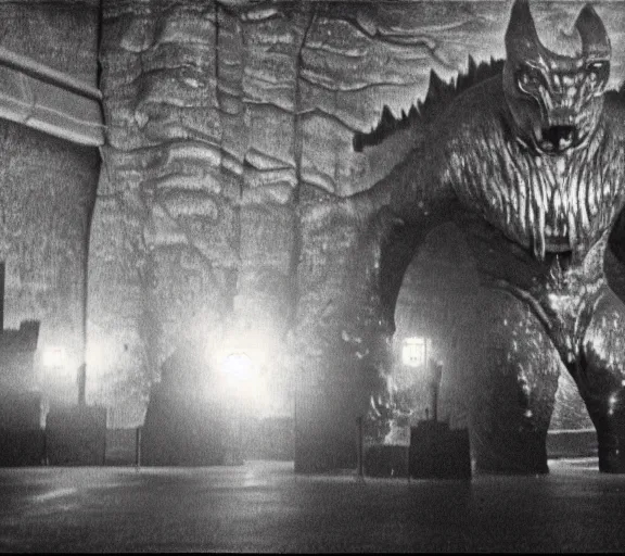 Image similar to Pulgasari the North Korean monster, volumetric lighting, filmstill, produced by Kim Jong-il, Kodachrome, kaiju-eiga, starfish monster movie, communist propaganda, film noir, 35mm film grain, Cooke Varotal 20-100mm T3.1