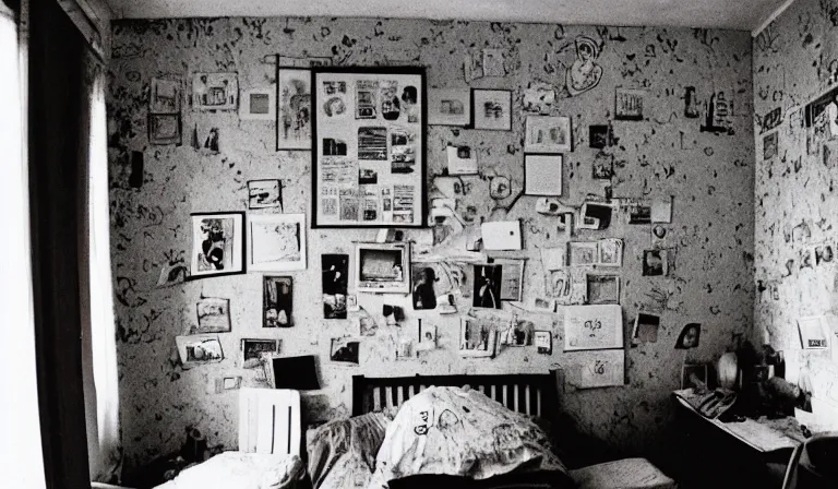 Image similar to A bedroom designed by William Burroughs, 35mm film, long shot