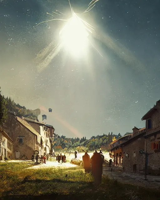 Image similar to ufo landing in italian medieval village, ultra realistic, lens flare, atmosphere, glow, detailed, intricate, full of colour, cinematic lighting, trending on artstation, 4 k, hyperrealistic, focused, extreme details, cinematic, masterpiece, by ismail inceoglu