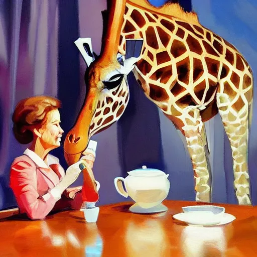 Image similar to a giraffe dressed like an astronaut drinking tea with queen isabel, trending on artstation, art by greg manchess, guangjian, detailed digital art, artstation hd