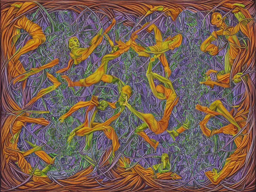 Image similar to expression of mind-matter interaction through death by Alex Grey and M. C. Escher collaboration, digital painting, Groundcore