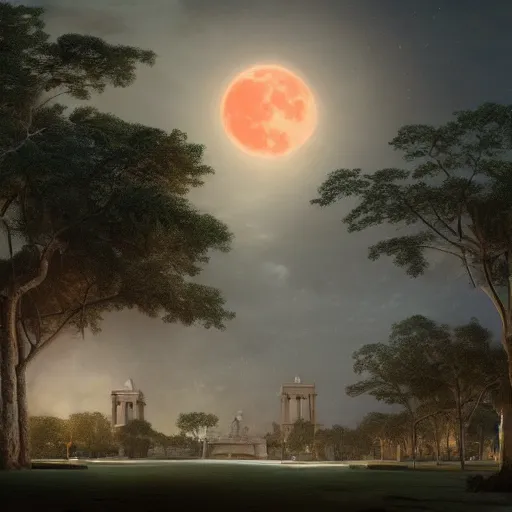 Image similar to matte painting of a park in yucatan mexico at night with a full moon, large ceiba trees, by asher brown durand and greg rutkowski, featured on artstation, blue and orange color scheme