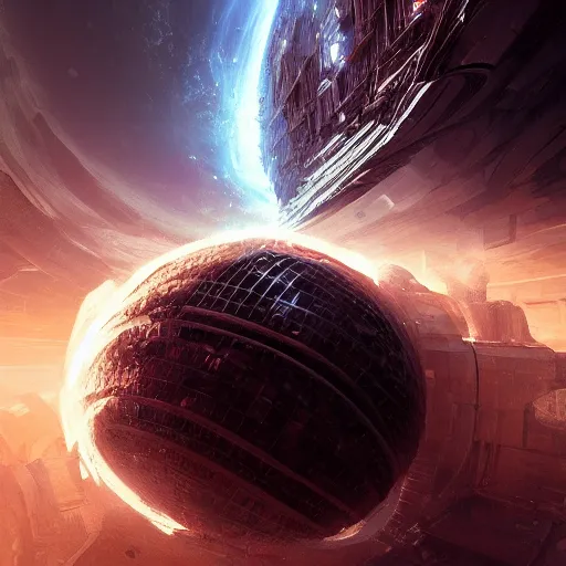 Image similar to imploding dyson sphere, by cedric peyravernay, highly detailed, excellent composition, cinematic concept art, dramatic lighting, trending on artstation