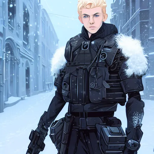 Image similar to portrait of the pale blond MALE soldier Lucius, long curly blond hair, jagged black cyberpunk armor, he is in imperial russian city streets covered in snow, sci fi, night time, ambient lighting, 4k, anime key visual, lois van baarle, ilya kuvshinov, rossdraws, artstation