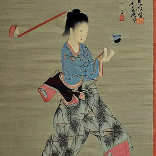 Prompt: the Chinese ancient painting of a lady playing golf in Tang Dynasty , by Han Xizai