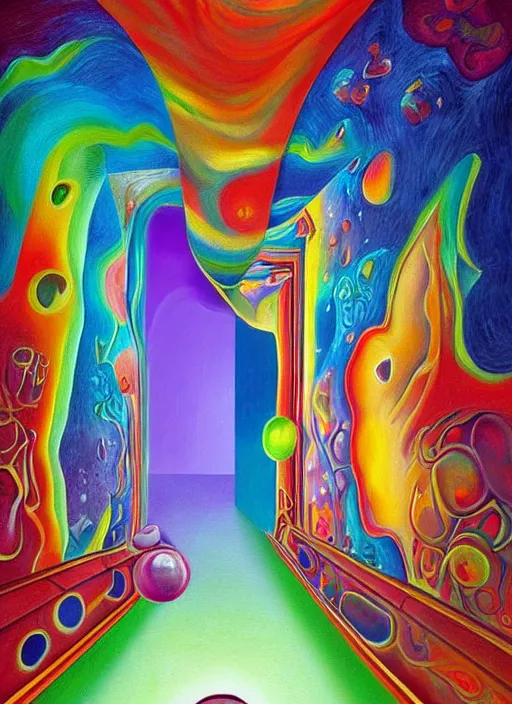 Prompt: an extremely high quality hd surrealism painting of the 3d soul of a 4d galactic neon complimentary colored cartoon surrealism melting optical illusion hallway by a much more skilled version of kandinskypicasso and salvia dali the fourth, 8k, clear shapes, defined edges, ultra realistic, super realistic,