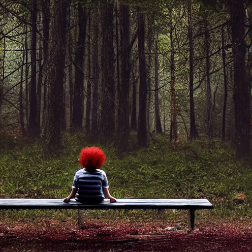 Prompt: pennywise sitting on a bench in the middle of a dark forest, sinister photo, realistic photo, by Stephen King, 8k