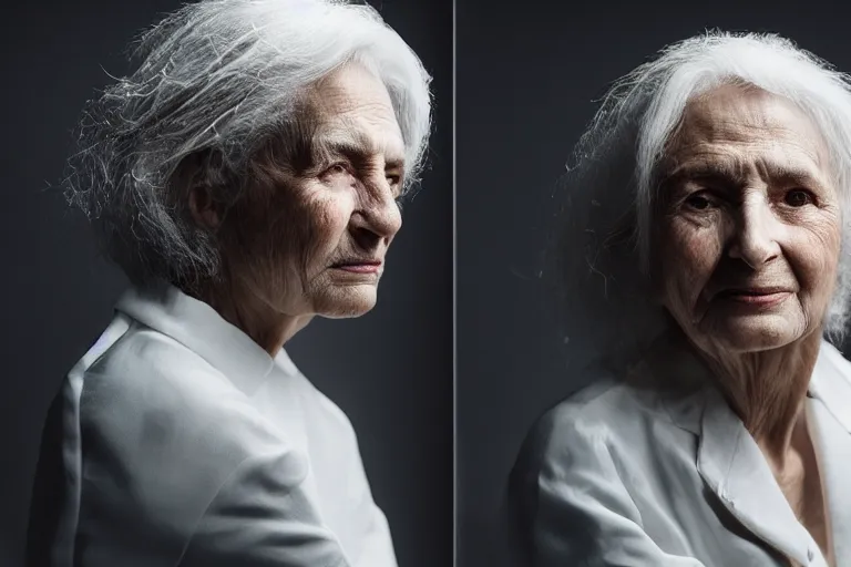 Prompt: a realistic studio cinematic headshot portrait of a beautiful old woman, wearing futuristic white suit, thunder, weather, 4 k, ultra realistic, dramatic lighting, vogue, fashion, by annie leibovitz