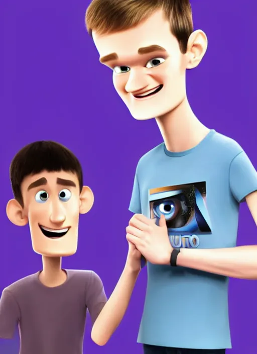 Image similar to vitalik buterin in headphones starring in pixar cartoon. vitalik buterin, medium shot, perfect symmetric face, coherent eyes, pixar cartoon style, beautiful smiling face, high detail, very sharp, 4 k