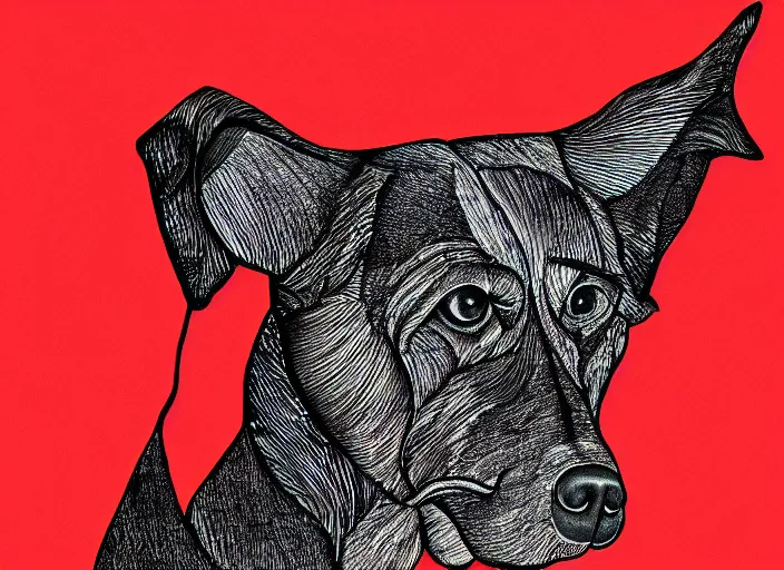 Image similar to illustration of a red dog. black thin ink contour