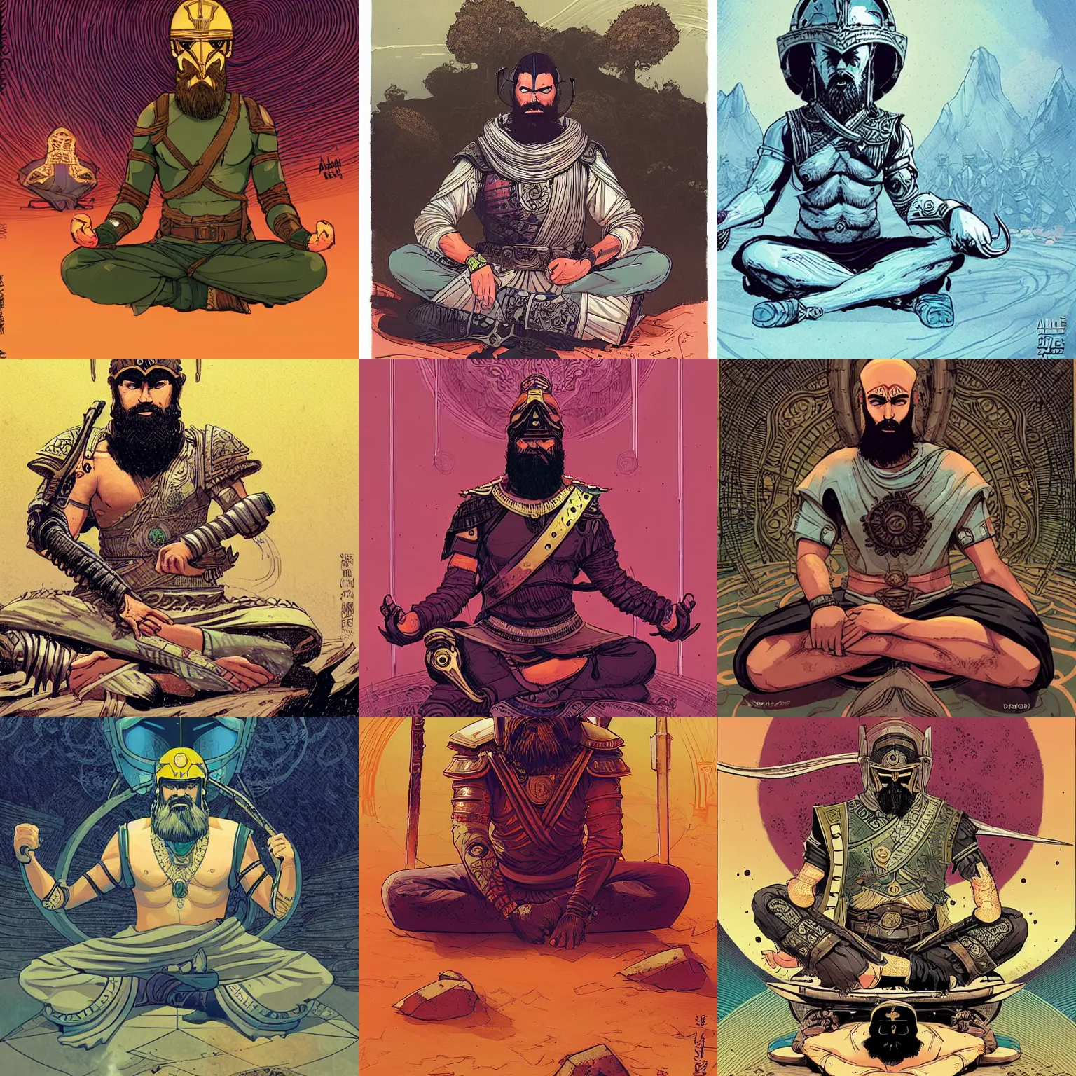 Prompt: badass kickass bearded saddhu with a spartan helmet meditating, by borderlands and by feng zhu and loish and laurie greasley, victo ngai, andreas rocha, john harris