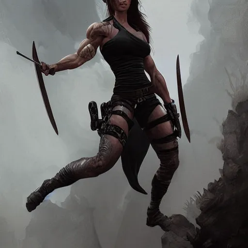 Prompt: lara croft as a female bodybuilder goth girl, fantasy, intricate, elegant, highly detailed, digital painting, artstation, concept art, matte, sharp focus, illustration, art by aenaluck and roberto ferri and greg rutkowski, epic fantasy, digital painting