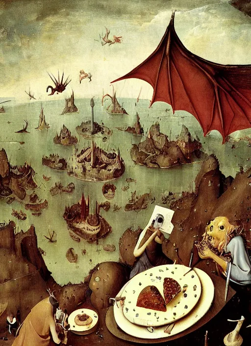 Image similar to dragon eating cakes by hieronymus bosch, detailed digital art, trending on Artstation