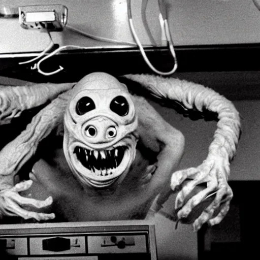 Prompt: a 35mm filmic wide shot ground level angle movie still color film photograph of a shape shifting alien creature with multiple mutated snarling drooling human faces and a grotesque variety of human & animal arms trying to grab a doctor wearing a surgical mask, in the style of a live action 1980s horror film, The Thing 1982