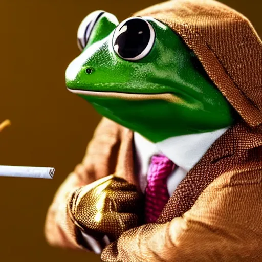 Image similar to a high detail closeup shot of a frog wearing a suit 👔,and smoking a cigarrette🚬