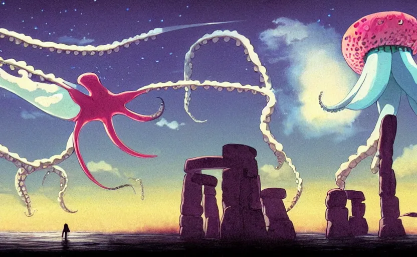 Image similar to a realistic cell - shaded studio ghibli concept art from paprika ( 2 0 0 6 ) of a flying multi - colored octopus from close encounters of the third kind ( 1 9 7 7 ) and dimensional portal to another world above a flooded stonehenge on a misty starry night. very dull colors, wide shot, hd, 4 k, hq