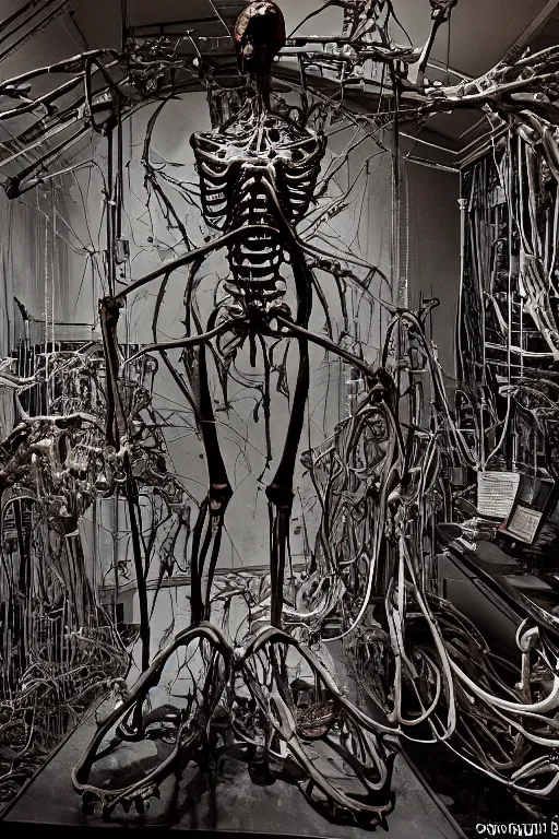 Prompt: inside a museum, a room where anatomical torso body parts are piece of arts by Rob Bottin at night biomechanical, filth and grim, wires and strings, very detailed, ultra realistic photography, grainy image