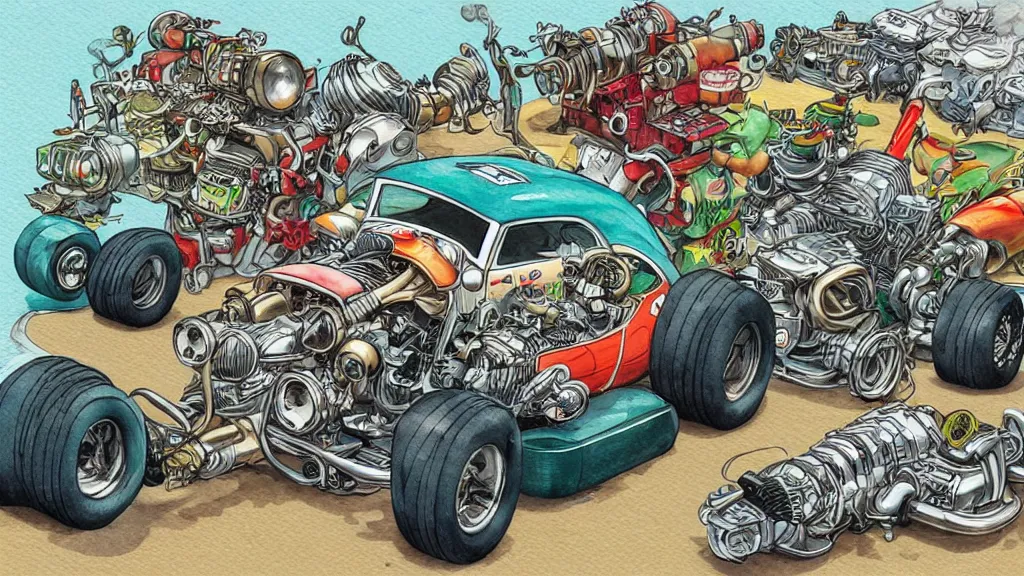 Image similar to cute and funny, racoon riding in a tiny hot rod coupe with oversized engine, ratfink style by ed roth, centered award winning watercolor pen illustration, hyperdetailed isometric illustration by chihiro iwasaki, edited by range murata