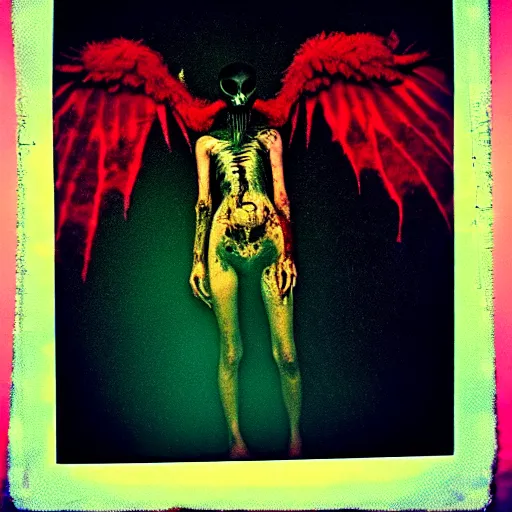 Prompt: a dark artistic photo of an alien creature with crazy wings, a polaroid photo, bleeding decaying colors!