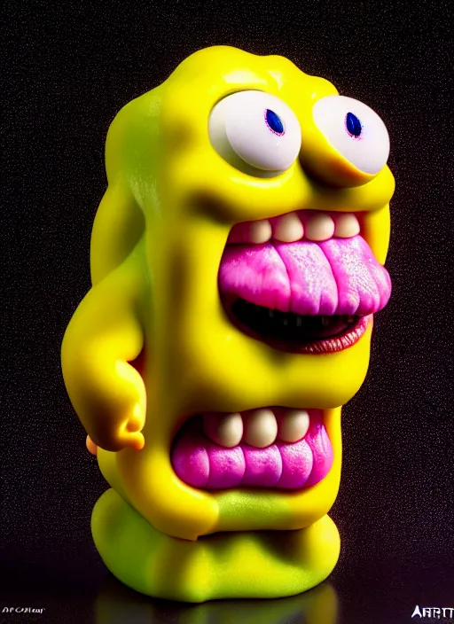 Image similar to hyperrealistic rendering, fat smooth cronenberg flesh monster spongebob face by art of skinner and richard corben and jeff easley, product photography, action figure, sofubi, studio lighting, colored gels, colored background