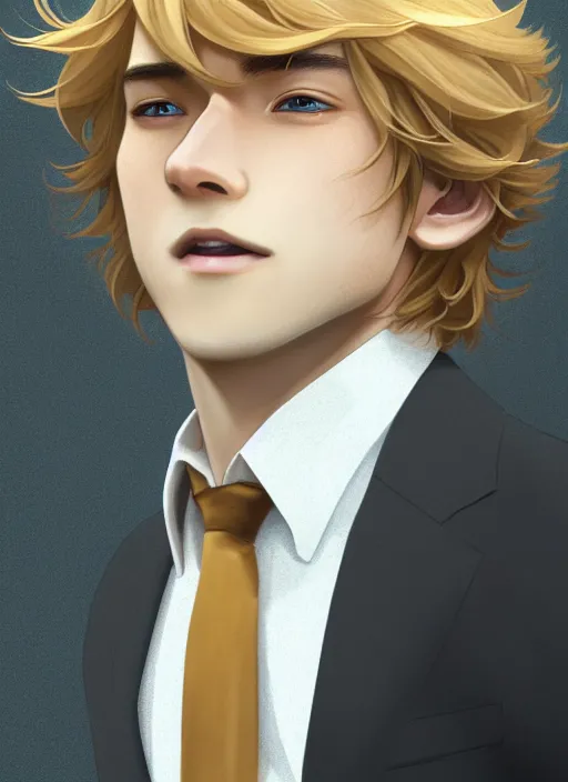 Image similar to young man with medium - length, curly, golden hair, perfectly proportioned face, aquamarine eyes, sweet smile, wearing a black suit, natural lighting, path traced, highly detailed, high quality, animation art, digital painting, by new haicheng and studio ghibli