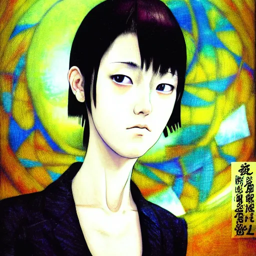 Image similar to yoshitaka amano blurred and dreamy realistic three quarter angle portrait of a young woman with short hair and black eyes wearing office suit with tie, junji ito abstract patterns in the background, satoshi kon anime, noisy film grain effect, highly detailed, renaissance oil painting, weird portrait angle, blurred lost edges