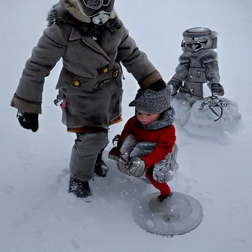 Image similar to baby steampunk snowtroopers on hoth having a snowball fight, action still, by cameldeath