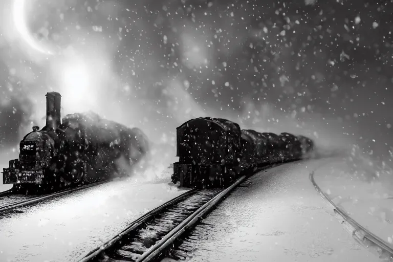 Image similar to an old locomotive rushing through snow storm in high speed, white steam on the side, dark smoke with fire from the pipes, dynamic angled shot, speed lines, fire particles and snowflakes everywhere, 8 k, hyperrealistic, ultra sharp, octane render, unreal engine, light breaks through the roofs, artstation, very detailed, 1 6 k, eerie moon eclipse cinematic scenery