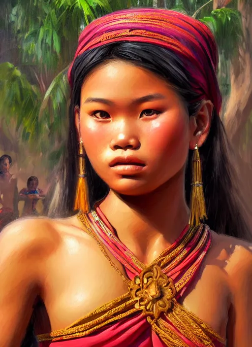 Prompt: portrait of a beautiful teen khmer ethnic cambodia, closeup portrait, historical, ethnic group, traditional costume, elegant, loin cloth, highly detailed, oil painting, artstation, concept art, matte, sharp focus, illustration, hearthstone, art by earl norem