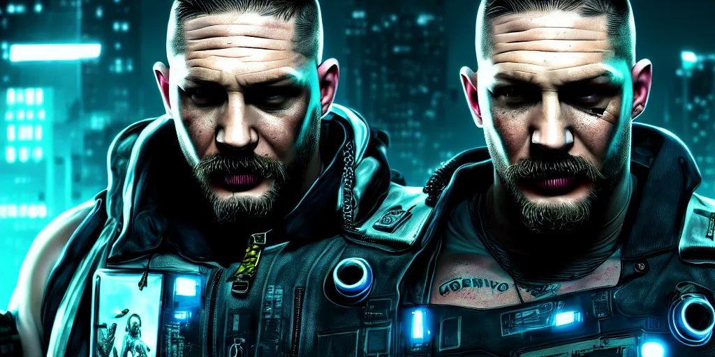 Image similar to Tom Hardy as in cyborg Cyberpunk 2077 , highly detailed digital art , trending on artstation, high quality, highly detailed