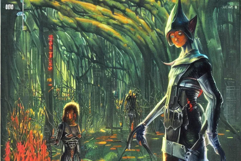 Prompt: 1979 OMNI Magazine Cover of a Druid elf with armor at a Garden park in Neo-Tokyo in cyberpunk style by Vincent Di Fate