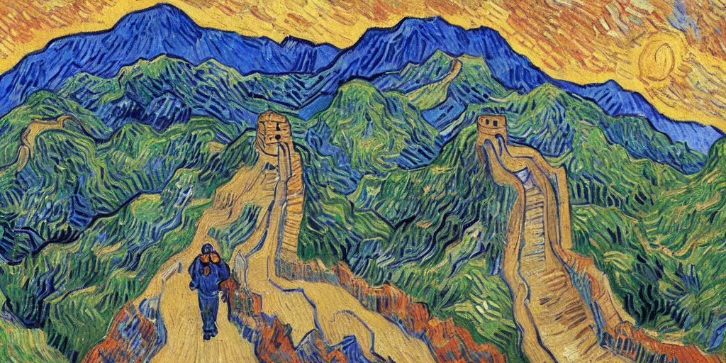 Prompt: Great Wall, Van Gogh-style oil painting