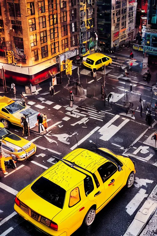 Image similar to yellow taxi cab in New York street from the back, very low angle, red back taillights, steam, sunset in the background, CGsociety, exquisite detail, post-processing, masterpiece, volumetric lighting, cinematic, hypermaximalistic, high details, cinematic, 8k resolution, beautiful detailed, insanely intricate details, sharp edges, smooth focus, low angle, tilted