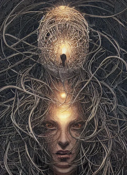 Prompt: nest on human head, open mouth, cruelty, pain, black crows, light effect, hyper detailed, intricate, elegant, highly detailed, digital painting, artstation, concept art, matte, sharp focus, illustration, by dan mumford, yusuke murata, makoto shinkai, ross tran