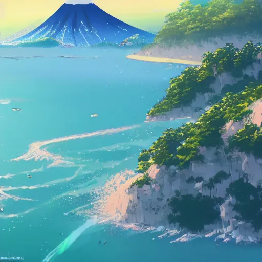 Image similar to A beautiful painting of japan coast with mountains ,Anime ,nature ,illustration, Nature wallpaper, Bright and airy, Aerial, Makoto shinkai ,Trending on artstation