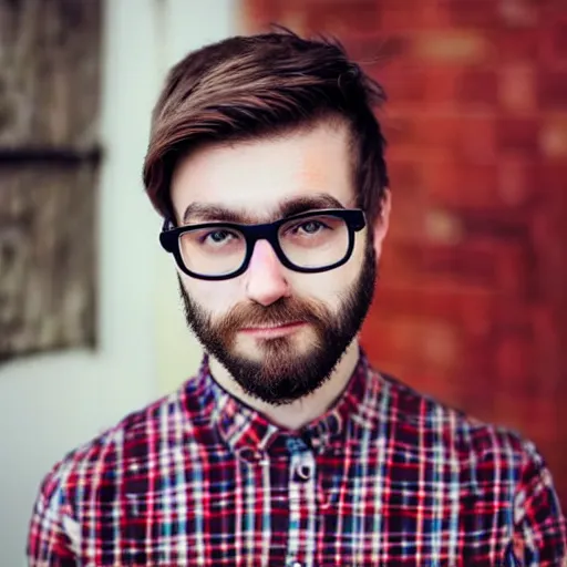 Prompt: photograph of a young casual man in his mid 2 0 s, wearing glasses with gold frame, bald, short dark blond beard, blue eyes, wearing a red lumberjack shirt