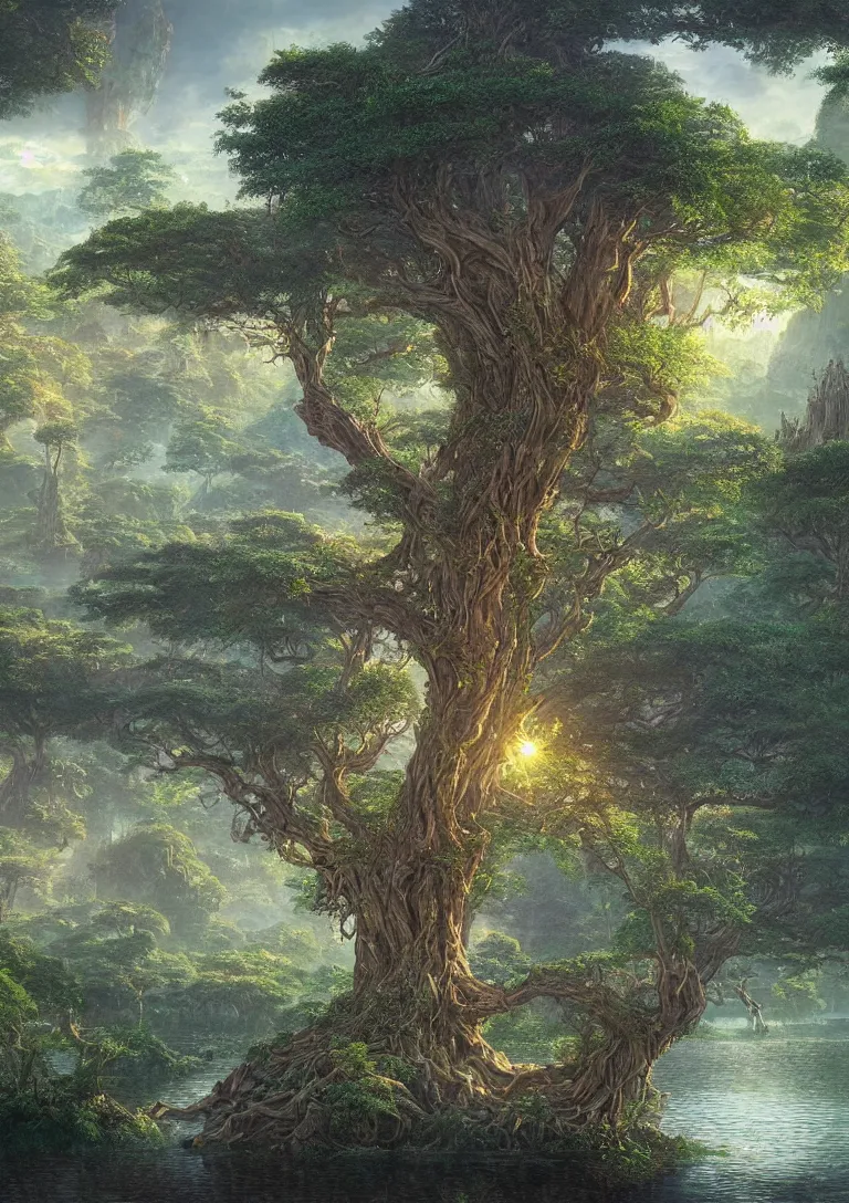 Prompt: beautiful hyper realistic detailed matte painting of fantasy tree of life in the middle of lake in garden of eden, hdr, by Moebius and John Howe and Albert Bierstadt and Alena Aenami, ultra detailed, high resolution