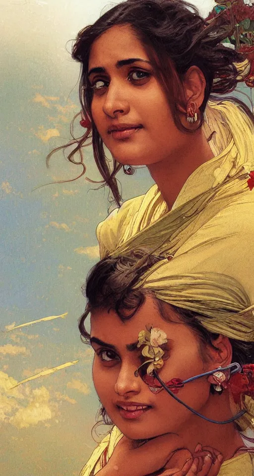 Image similar to close up of an anxious pretty young Indian doctor catching her flight, sun shining, photo realistic illustration by greg rutkowski, thomas kindkade, alphonse mucha, loish, norman rockwell.