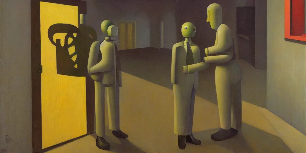 Prompt: salesman robot with shifty eyes portrait, grant wood, pj crook, edward hopper, oil on canvas