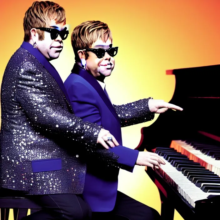 Prompt: hyper realistic, high detail photo of elton john and billy joel playing the piano, beautiful, dreary lighting