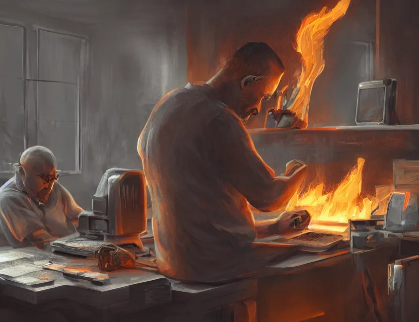 Image similar to a man works at a workstation in a very hot office with burning fires, close up, featured in artstation, intricate, ultra detailed, concept art, wide - angle lens, sharp focus, illustration, 8 k